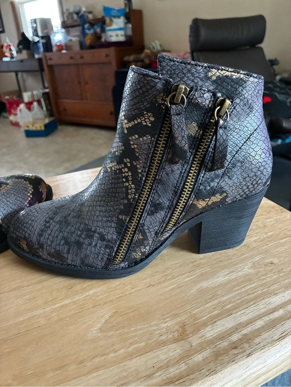 Muk Luks Metallic Black and Gold Snake-Print Ankle Booties